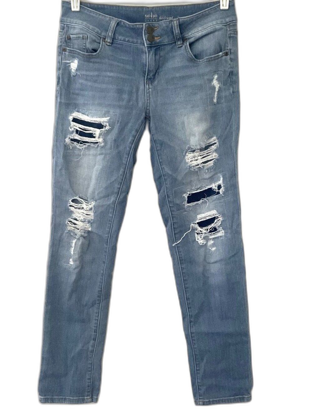 NEW YORK & CO. SOHO Mid-Rise Ripped & Repair Patch Distressed Boyfriend Jeans